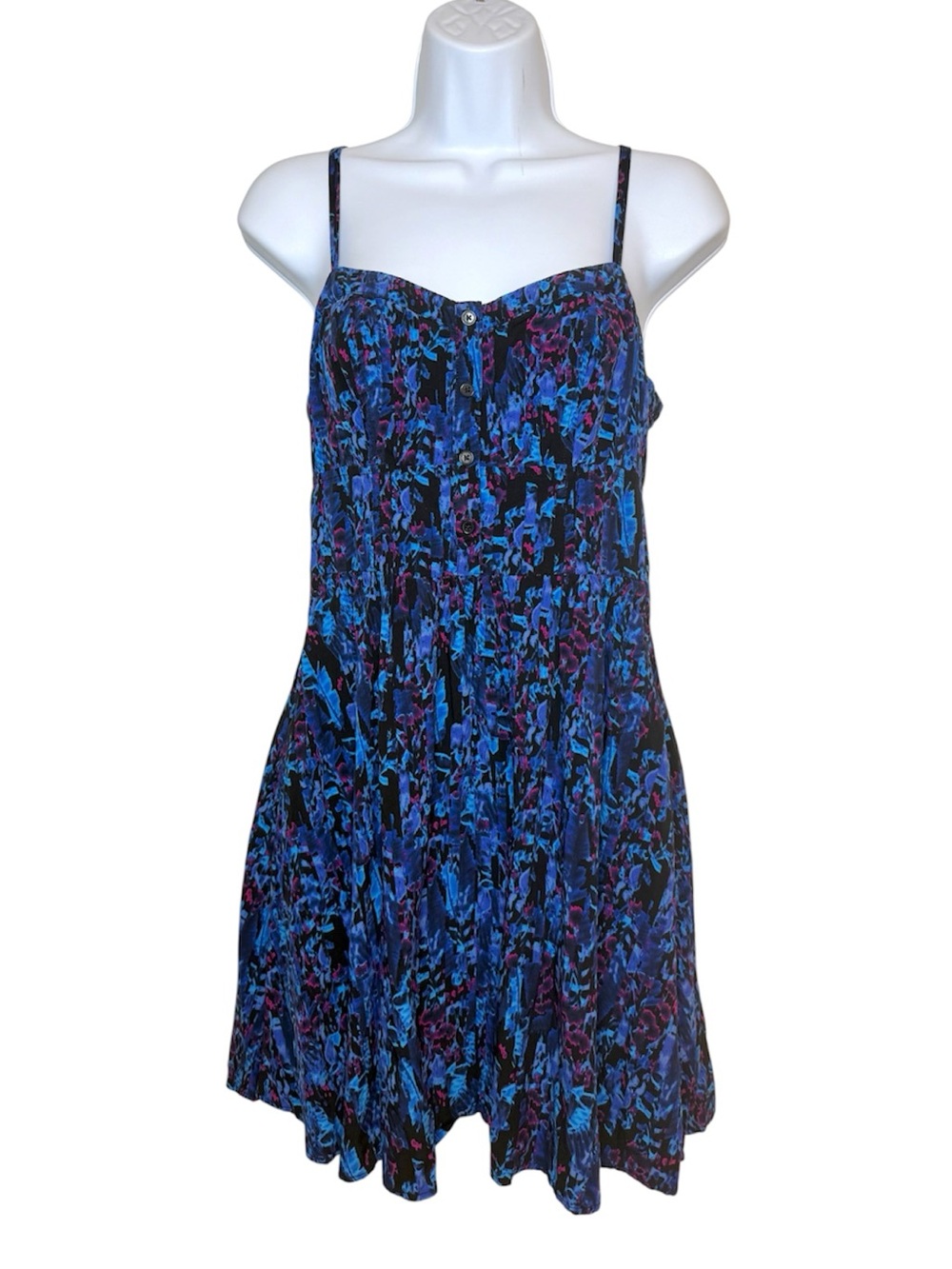 Express Blue Purple Abstract Print Mini Dress Smocked Back Spaghetti Strap